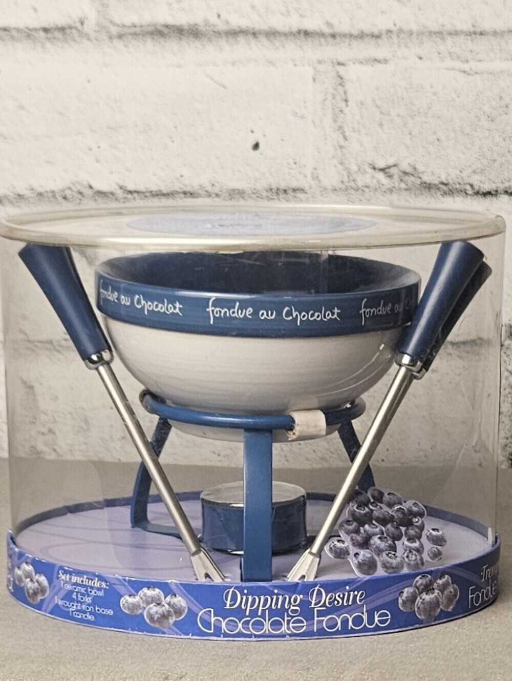 Chocolate Fondue Set 2003 Dipping Desire NIB Blue Ceramic Kit